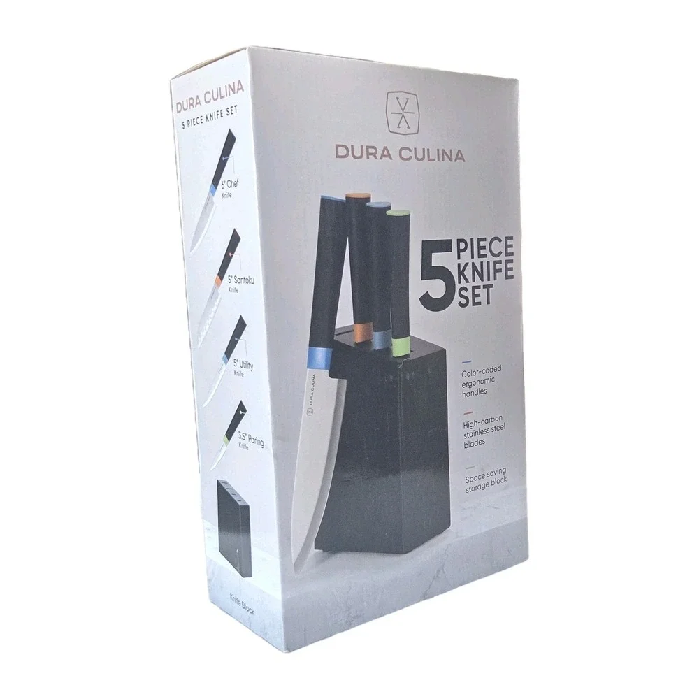 Dura Culina 5pc High Carbon Stainless Steel Kitchen Knife Set Storage Block‎ NEW